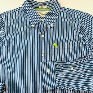 Abercrombie & Fitch Mens Shirt XXL Muscle Fit Blue Stripe Logo All Cotton Casual